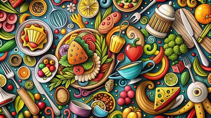 Fototapeta premium Whimsical Restaurant Doodle Featuring Food Icons, Utensils, and Cozy Dining Elements for Decor