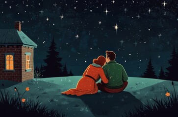 Under a starry sky, a couple shares a moment of warmth and closeness near a cozy cabin on a tranquil night