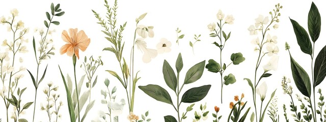 Vintage botanical illustration pattern, vintage wildflowers and herbs, muted pastel colors, cream background