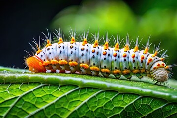 Fototapeta premium White Caterpillar with Orange Head Crawling on Green Leaf in Natural Outdoor Habitat Environment