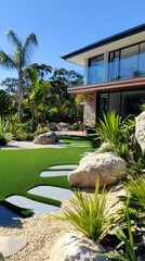 Beautiful home with a modern front yard design featuring artificial grass, a pebble edge, and tropical plants