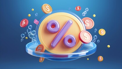 A colorful graphic featuring a percentage symbol surrounded by coins and bubbles, symbolizing finance and discounts.