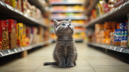 Fototapeta premium Kitten in grocery aisle, looking up, colorful products