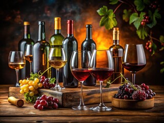Fototapeta premium Wine Education and Tasting Experience with Glasses, Bottles, and Sommelier Tools on Wooden Table