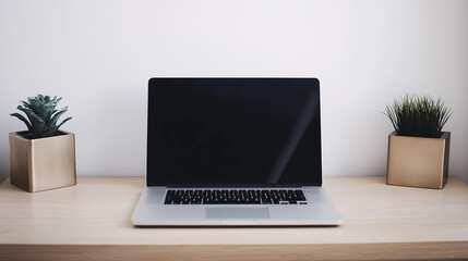 Modern workspace featuring a single laptop on a clean, light wood desk in front of a white wall