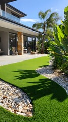 Beautiful home with a modern front yard design featuring artificial grass, a pebble edge, and tropical plants