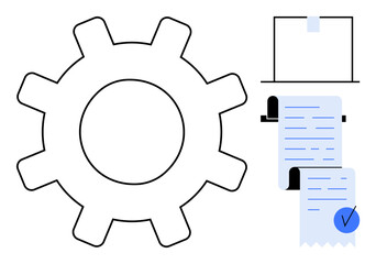 Large gear on left with paper checklist and checkmark on right. Ideal for business, workflow, productivity, settings, project management, efficiency themes. Simplistic line-art style with minimal