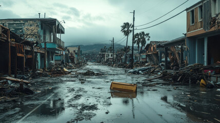 Obraz premium Devastated coastal town after hurricane with flooded streets and storm debris reflecting severe natural disaster