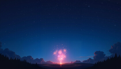 Naklejka premium Spectacular fireworks display illuminating the night sky with stars and clouds
