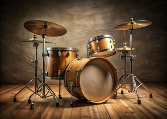 Classic wooden drum set captured in minimalist photography, highlighting its elegant design and craftsmanship, perfect for music and performance illustrations that inspire creativity.