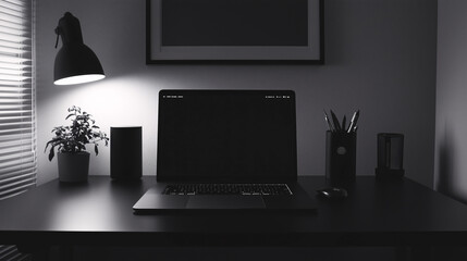 Monochrome setup with a black laptop on a matte black desk, no other items, emphasizing a high-tech and ultra-minimal aesthetic