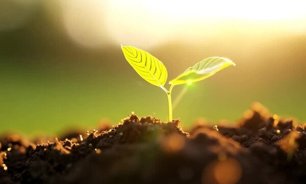 Close-up of a seedling sprouting from soil, with sunlight. 