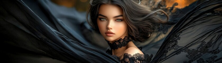 Enigmatic Brunette Witch in Dark Drapery