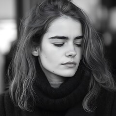 Fototapeta premium Portrait of a Woman with Long Hair and Closed Eyes.