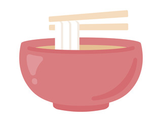うどんのベクターイラスト、赤色のどんぶり鉢に入ったかけうどん