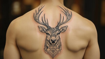 Geometric stag tattoo on back.