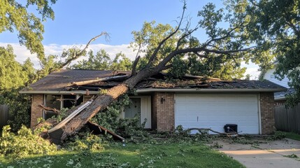 Obraz premium Fallen tree smashes roof of suburban home after intense storm