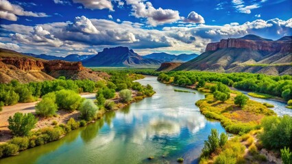 Majestic Rio Grande River Flowing Through Stunning Landscapes with Lush Vegetation and Mountains