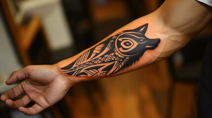 tribal wolf tattoo on forearm
