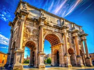 Obraz premium Majestic Roman Architecture Featuring a Grand Arch Against a Clear Blue Sky in a Historic Setting
