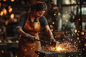 Female blacksmith forging with hammer and sparks flying