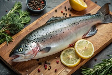 Fresh Rainbow Trout on Cutting Board with Citrus and Herbs for Culinary Preparation