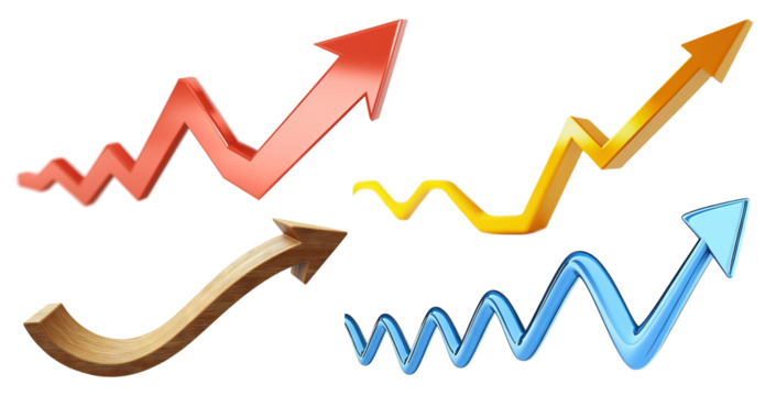 Set of upward arrow graphs showing rising trend, cut out