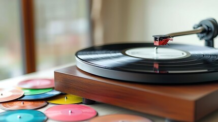 Obraz premium A close-up of a vintage vinyl record player with colorful records scattered nearby, bathed in soft, warm lighting that highlights the textures and details of the turntable. The background softly