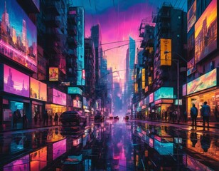 Obraz premium A cyberpunk city street with neon lights and skyscrapers glitch art illustration