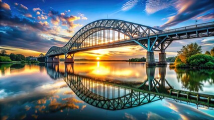 Naklejka premium Majestic Silver Bridge Spanning Tranquil Waters Under a Clear Blue Sky at Sunset in Nature's Beauty