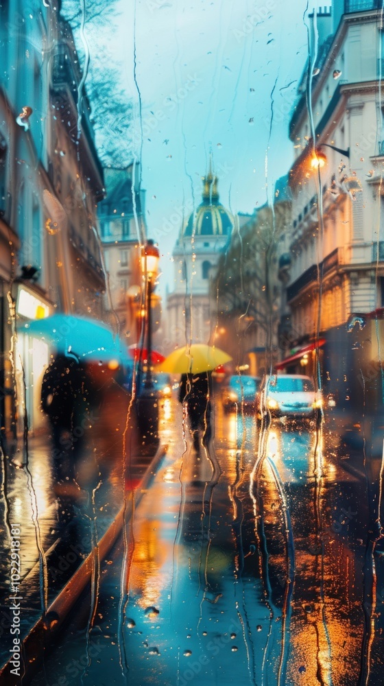 Wall mural Rain scene with landmark architecture cityscape outdoors.