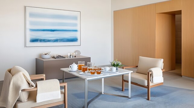 An inviting spa lounge area with comfortable seating, plush throws, and serene artwork on the walls. A complimentary selection of herbal teas and refreshments is elegantly displayed on a designer