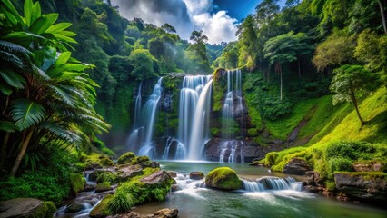 Fototapeta premium Majestic Telaga Tujuh Waterfall Cascading Through Lush Greenery in Malaysia's Natural Paradise