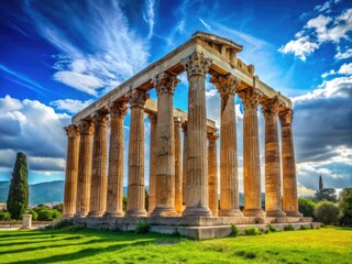 Obraz premium Majestic Temple of Zeus Ruins Surrounded by Lush Greenery and Clear Blue Skies in Ancient Greece