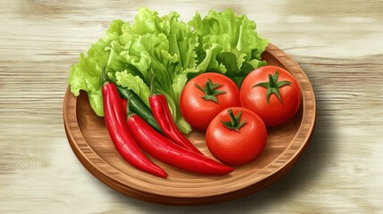 A wooden plate featuring fresh vegetables lettuce, tomatoes, and chili peppers.