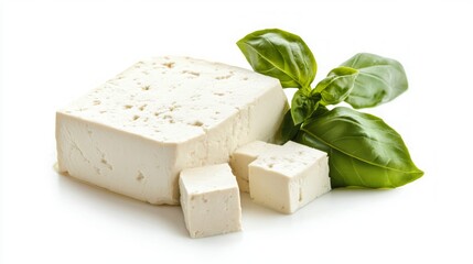 A block of firm tofu with basil leaves and smaller cubes isolated on a white background.