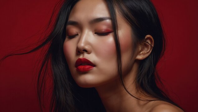Asian woman with red lipstick, eyes closed, long hair framing her face