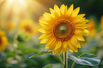 Fototapeta premium A yellow sunflower is the main focus of the image, surrounded by green leaves