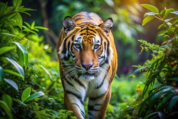 Obraz premium Majestic Tigeress Strolling Through Dense Jungle with Lush Greenery and Vibrant Flora Surrounding Her