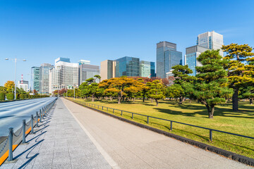 秋の東京都市風景　皇居外苑から見る丸の内のオフィスビル群【東京都・千代田区】