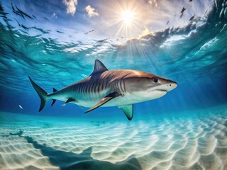 Fototapeta premium Majestic Tiger Shark Swimming Gracefully in Crystal Clear Ocean Waters Captured in Stunning Detail
