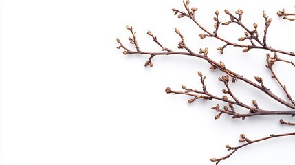 A branch with small buds on a white background, photographed from above, leaving space for text.
