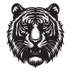 A snarling tattoo style tiger head with red, blue, and white stripes
