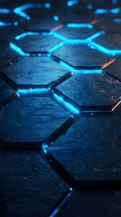 3D render, abstract background with blue glowing hexagons on a dark grey wall texture. Modern wallpaper for technology and science themes.