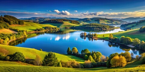 Majestic view of a serene landscape with rolling hills and a tranquil lake under a clear blue sky