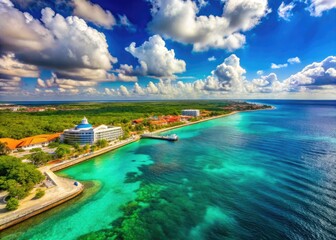 Obraz premium Majestic View of Cozumel, Mexico from Cruise Ship with Vibrant Blue Waters and Lush Green Landscape