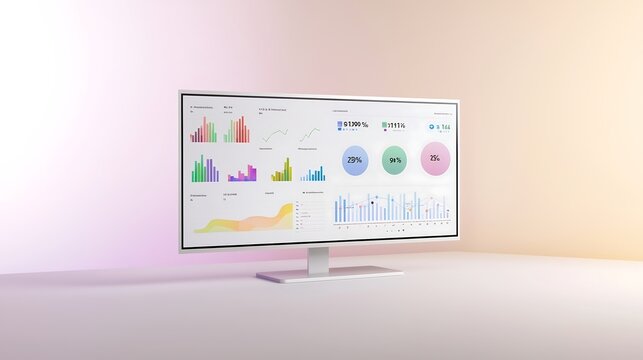 A sleek digital dashboard showcasing various social media metrics with graphs, charts, and numbers, set against a gradient background. The display features vibrant colors and clear data