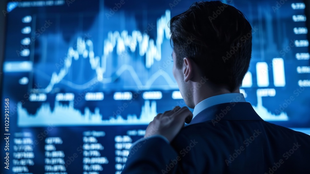 Poster A man is looking at a computer screen with a lot of numbers and graphs