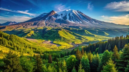 Fototapeta premium Majestic View of Mount St. Helens National Monument Surrounded by Lush Green Forest and Clear Sky