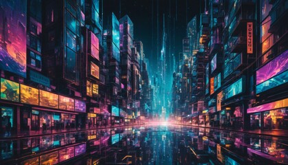 Obraz premium A cyberpunk city street with neon lights and skyscrapers glitch art illustration